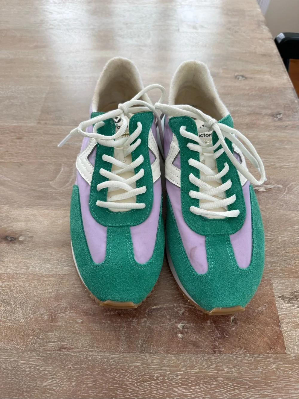 Women's Retro-Style Lace-Up Sneakers in Green, Lavender & Cream